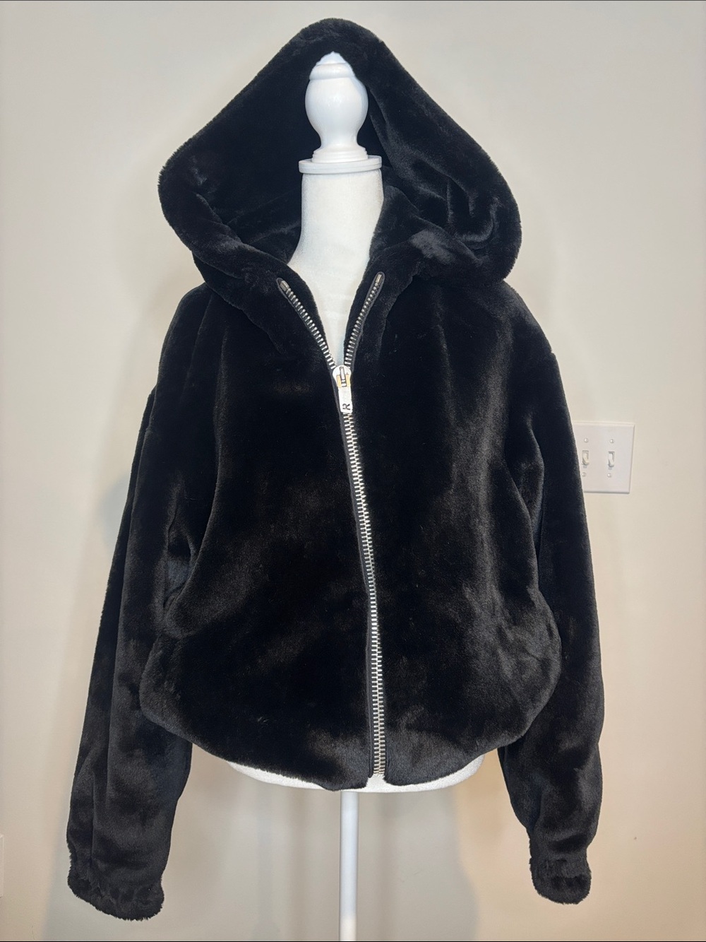 Plush Faux Rabbit Fur Hooded Bomber Jacket - Black (oversized)